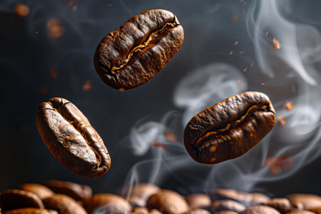 Flying coffee beans with smoke on dark background. Close-up.