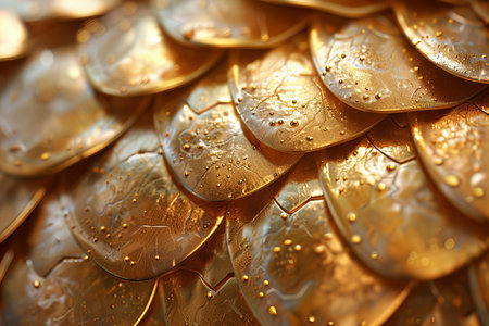 golden background of dragon scales, close-up. 3d renderingの写真素材