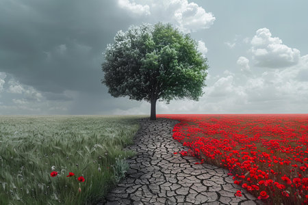 Conceptual image with lonely tree in field of poppiesの写真素材