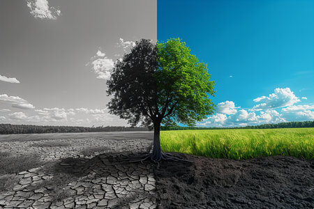 Green tree on cracked earth background. Global warming concept. 3d renderの写真素材