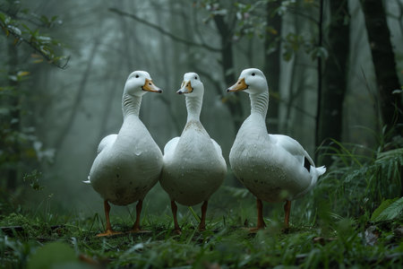 Three white ducks standing in a foggy forest during the rainの写真素材