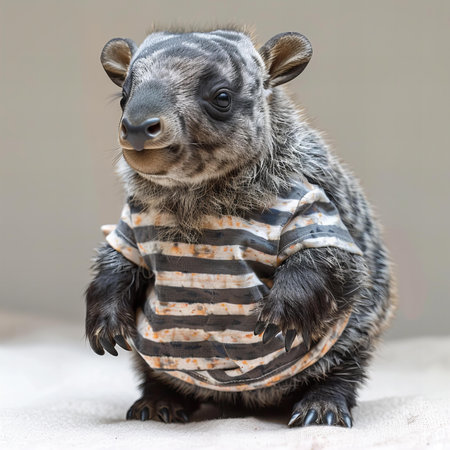 Portrait of a cute baby mammal in a striped shirtの写真素材