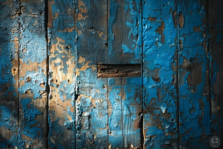 Blue wooden background with peeling paint and a rusty iron door.の写真素材