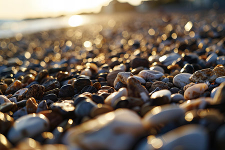 pebble stones on the beach at sunset, shallow depth of fieldの写真素材
