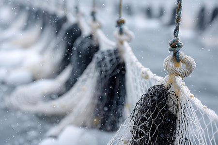 Fishing nets in the snow. Close-up. Selective focus.の写真素材