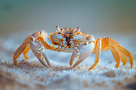 Closeup of a white sand crab on the beach at sunset.の写真素材