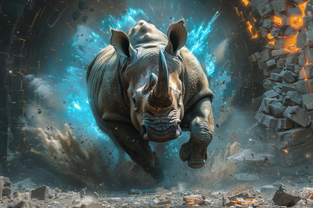 White rhinoceros in ruins. 3d illustration. Fantasy.の写真素材
