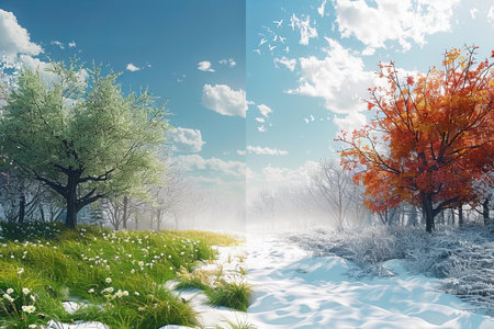 Beautiful landscape with trees in the snow and blue sky.の写真素材