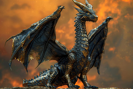 3D Illustration of a fantasy dragon with fire in the backgroundの写真素材