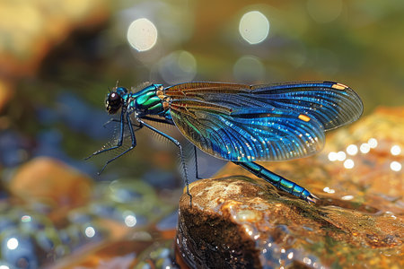 Blue dragonfly on a rock in the rainforest, close-upの写真素材