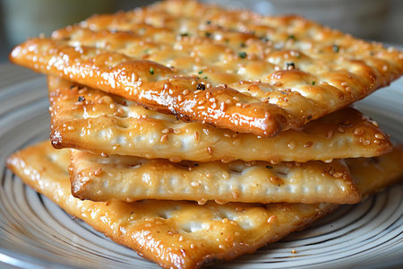 Biscuits with sesame seeds on a plate, close up