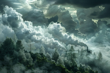 fog in the forest and smoke from a chimney of a power plantの写真素材