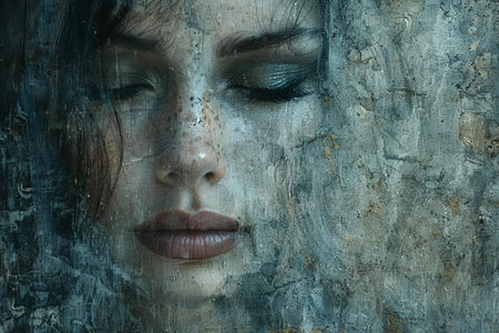 Close-up portrait of a beautiful young woman with closed eyes.の写真素材