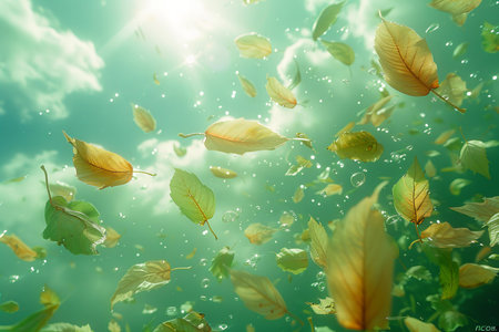 Fallen leaves on a blue sky background. 3d illustration.の写真素材