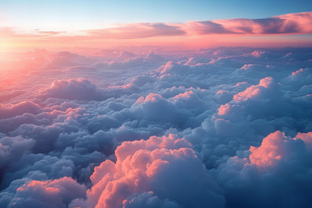 Beautiful aerial view above clouds at sunset. 3D illustration.