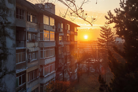 Sunset in the city. Residential buildings on the background of the sunset.の写真素材