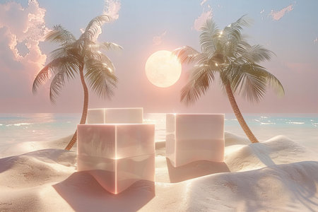 3d render of tropical island with palm trees and white cubes.