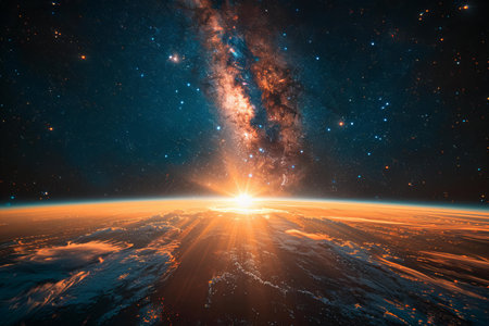 View of the planet Earth from space during a sunrise 3D rendering elements of this image furnished...