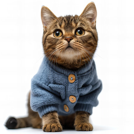 Cute cat in sweater and blue jacket sitting on white background.の写真素材