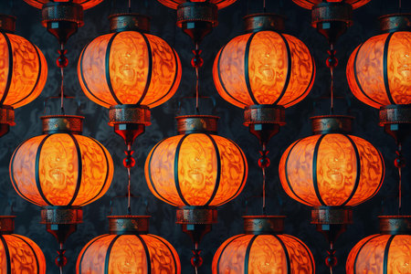 Seamless pattern of orange lanterns on a dark background.の写真素材