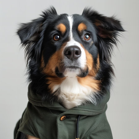 Portrait of a cute australian shepherd dog in a green jacketの写真素材