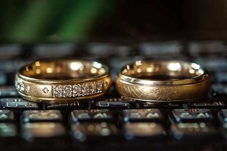 Two gold wedding rings on a computer keyboard, shallow depth of fieldの写真素材