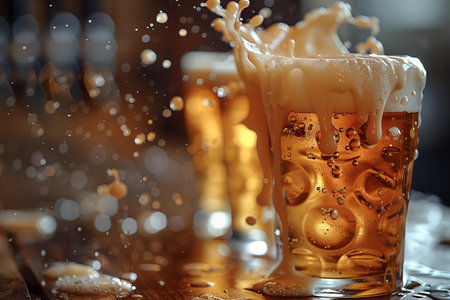 Beer splashing out of a glass on a wooden table, close-upの写真素材