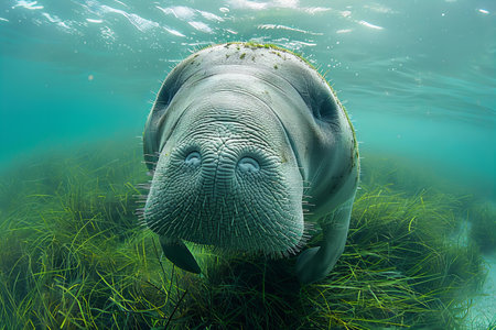 Portrait of a manatee underwaterの写真素材