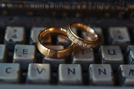 wedding rings on computer keyboard, close-up, shallow depth of fieldの写真素材