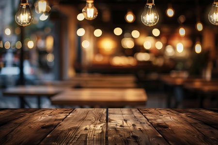 Empty wooden table and Coffee shop blur background with bokeh image.