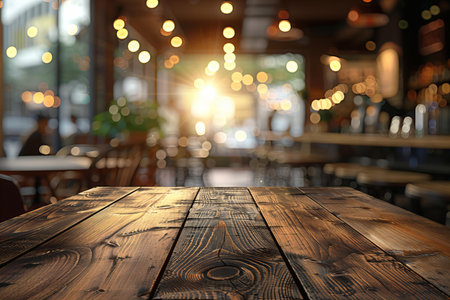Empty wood table and Coffee shop blur background with bokeh image.の写真素材