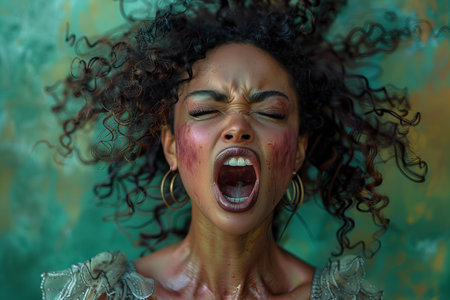 Screaming african american woman with curly hair on green backgroundの写真素材