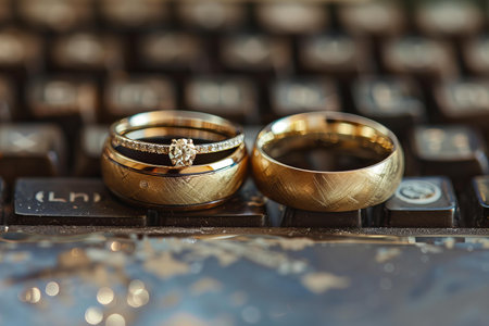 wedding rings on the keyboard of a laptop. close-upの写真素材