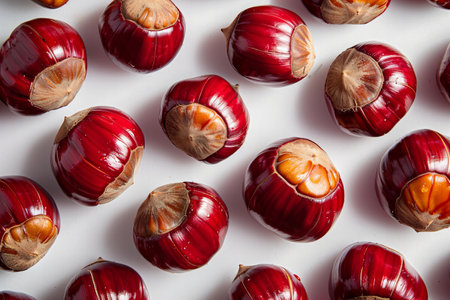chestnuts on a white background, close-up, top viewの写真素材