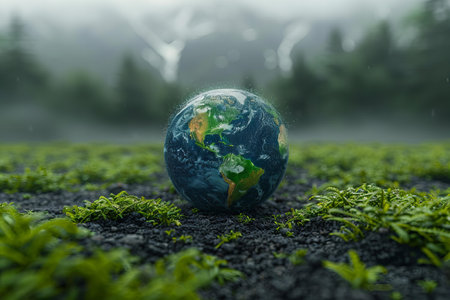 Earth planet on green grass with forest background. Global warming concept.の写真素材