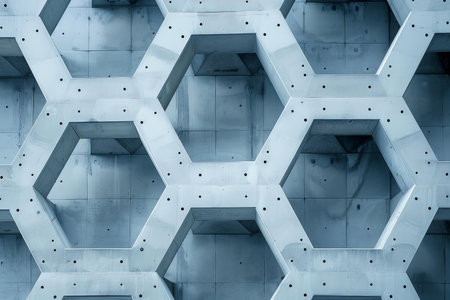 Abstract background of hexagons and concrete structures. Blue toned.