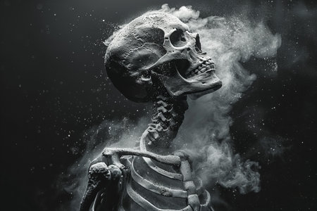 Human skeleton with smoke on black background. Halloween concept. 3D Renderingの写真素材