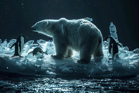 Polar bear on the ice with penguins. 3d renderの写真素材