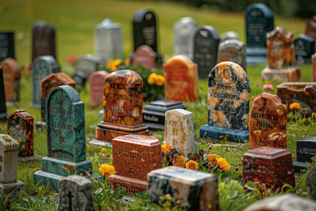 Gravestones at a cemetery in the countryside of Bavaria, Germanyの写真素材