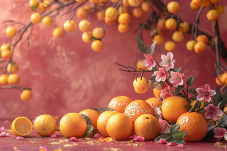 Oranges and apricot branch with flowers on a red backgroundの写真素材