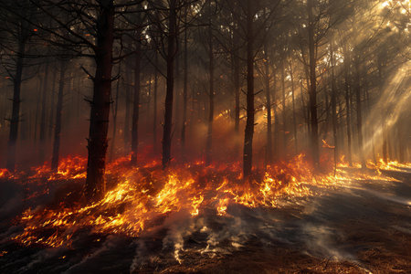 Forest fire in the morning, burning pine trees and dry grass.の写真素材