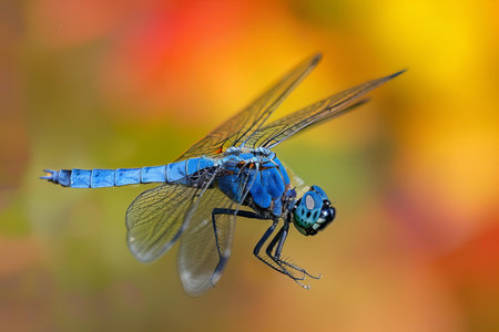 Blue dragonfly on a bright colorful background, close-up.の写真素材