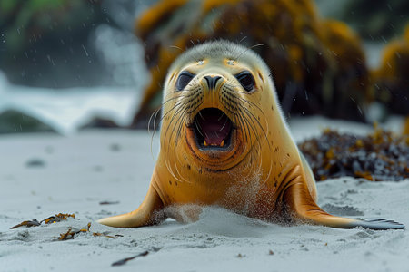 Close up of a seal on a beach in the Falkland Islandsの写真素材