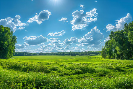 Beautiful summer landscape with green field and blue sky with white cloudsの写真素材