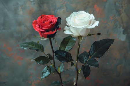 Beautiful white and red roses on dark background, retro tonedの写真素材