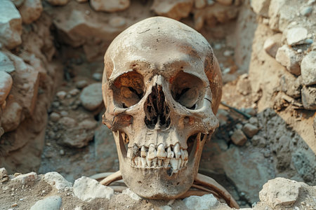 Human skull with teeth on the background of stones. Halloween concept.の写真素材