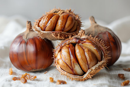 Chestnuts in shell on a light background. Autumn still life.の写真素材