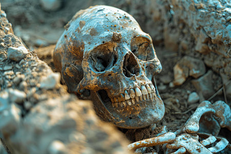 Skull and bones on the ground, Halloween concept, selective focusの写真素材