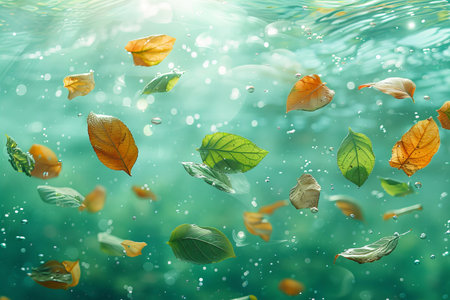 Autumn leaves floating in the water. 3d render. Abstract background.の写真素材