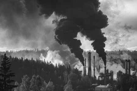 Black and white photo of industrial landscape with smoke from chimneys.の写真素材